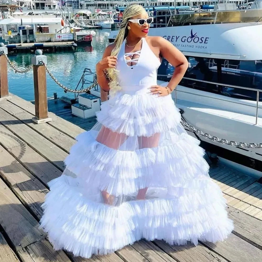 Pretty White Tiered Tulle Maxi Skirt for Women See Thru Fluffy Mesh Long Prom Party Skirts Holiday Beach Bridal Skirt Custom