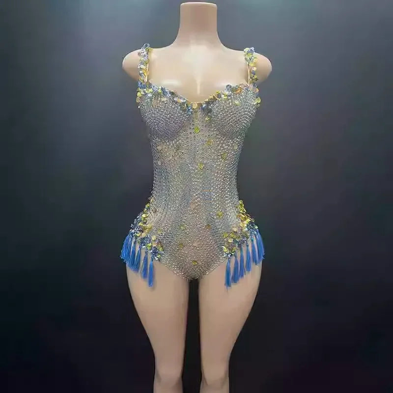 Purple Glitter Luxury Dresses Jewel Stretch Bodysuit Stage Singer Dancer Performance Costume Sexy Rave Outfit Women Fashion Clot