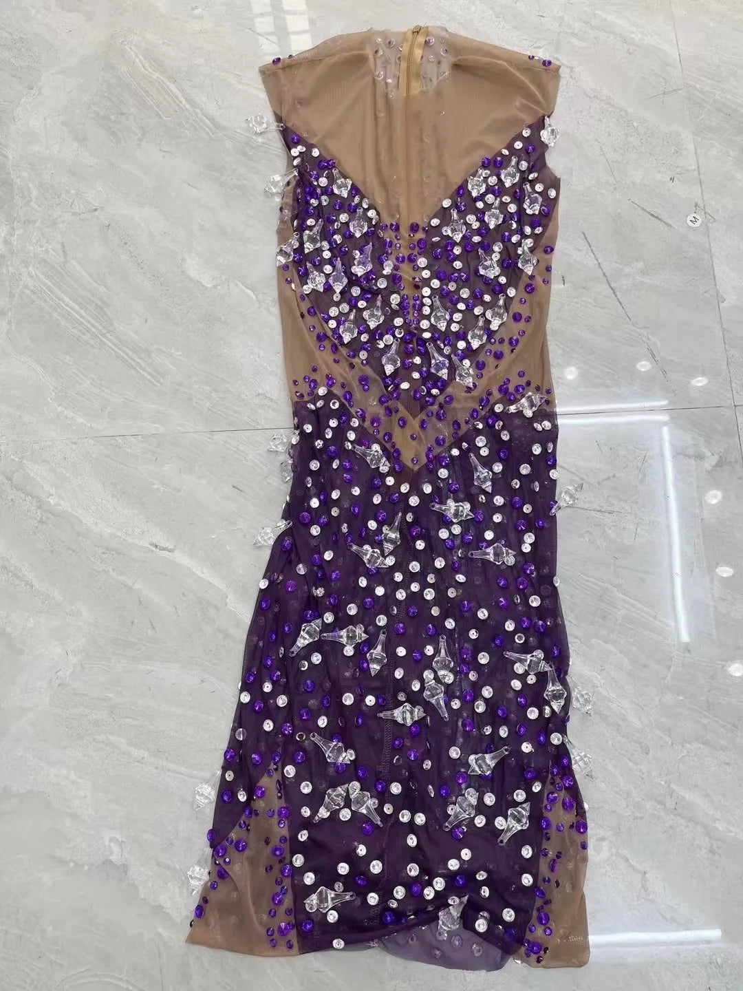 Purple Rhinestones Silver Crystals Dress Birthday Evening Celebrate Costume Women Birthday Party Show Evening Photoshoot Dress