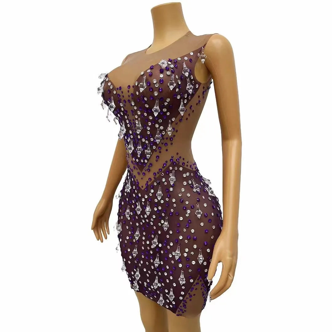 Purple Rhinestones Silver Crystals Dress Birthday Evening Celebrate Costume Women Birthday Party Show Evening Photoshoot Dress