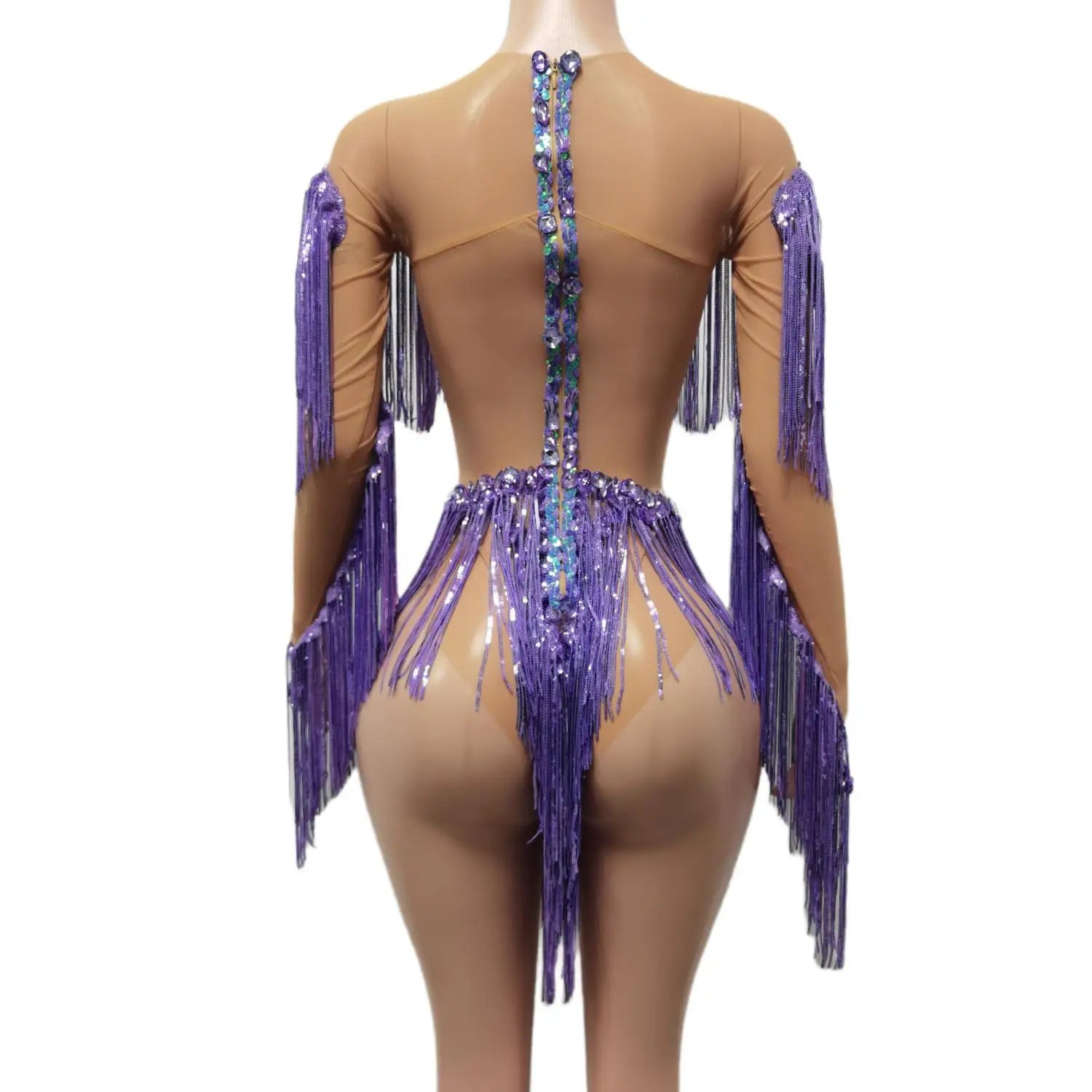 Purple Shining Rhinestones Tassel Bodysuits Women Fashion Show Model Clothing Sexy Stage Costume Jazz Dance Wears
