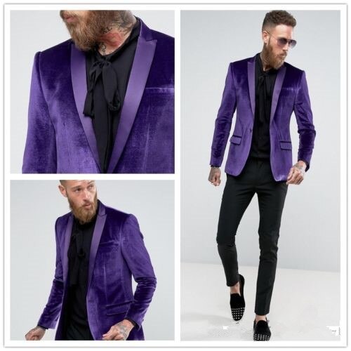 Purple Velvet Men Suits Black Pant Business Man Groom Tuxedo Costume Homme Ropa Hombre 2 Pcs Jacket Pants Terno Blazer