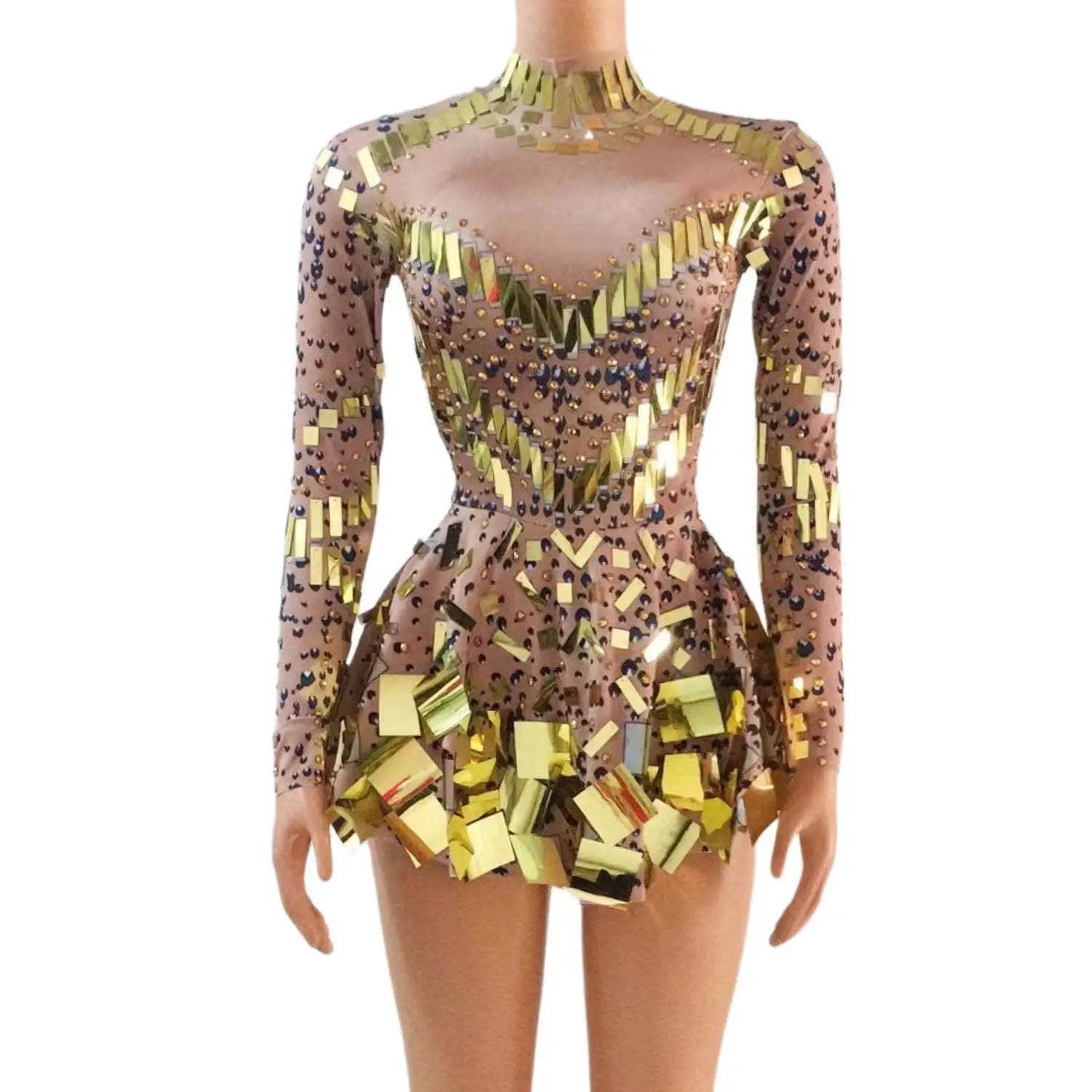 Raquel Mirror Party Dress Women Long Sleeve Stretchy Mini Dress Evening Party Prom Women's Dress Stage Costumes