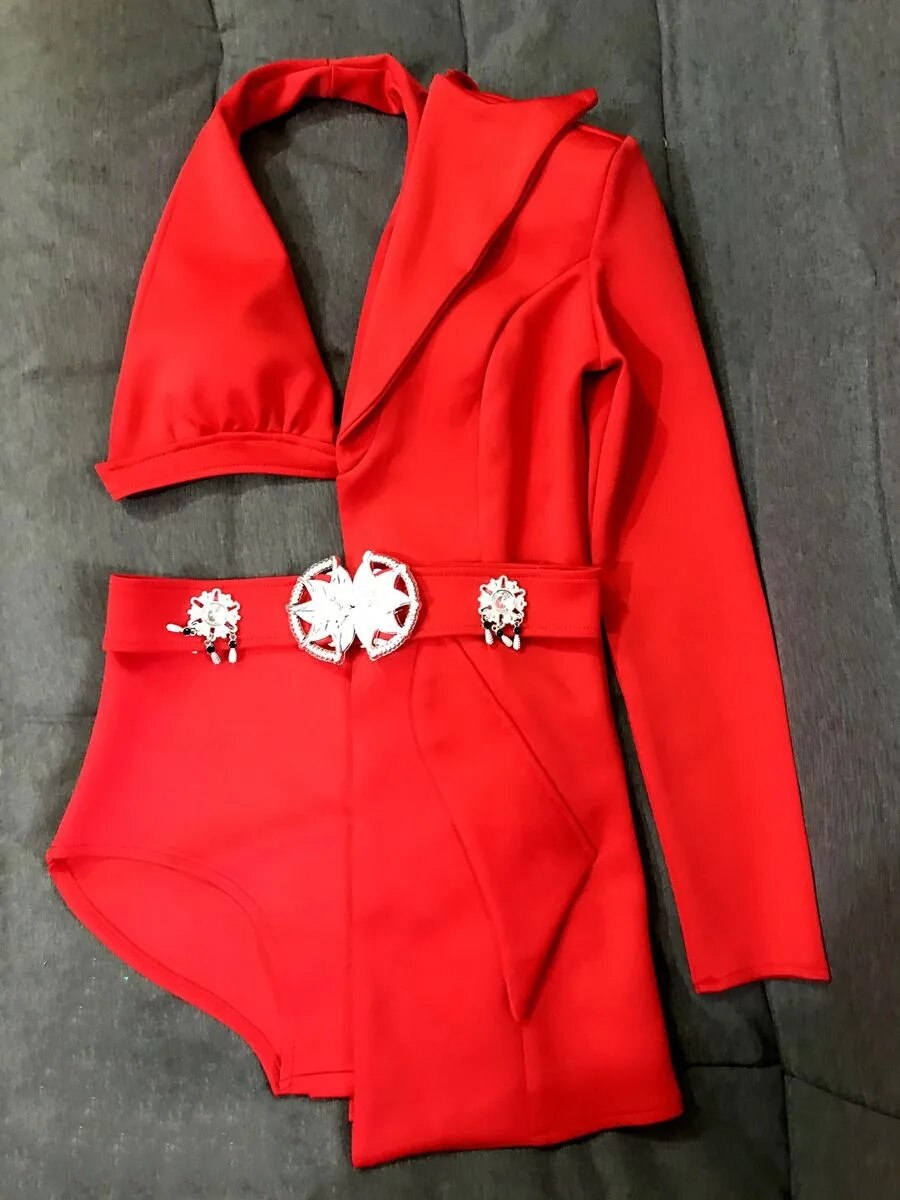 Red Black Asymmetric Blazer Bikini Dance Outfit Nightclub Bar Singer Dancer Women Sexy Stage Wear Team Performance Party Costume