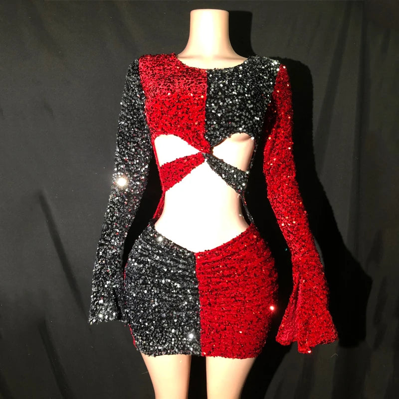 Red Black Sequins Dress Sexy Cutout Evening Dresses Women Celebrate Festival Outfit Gogo Costume Stage Performance Wear