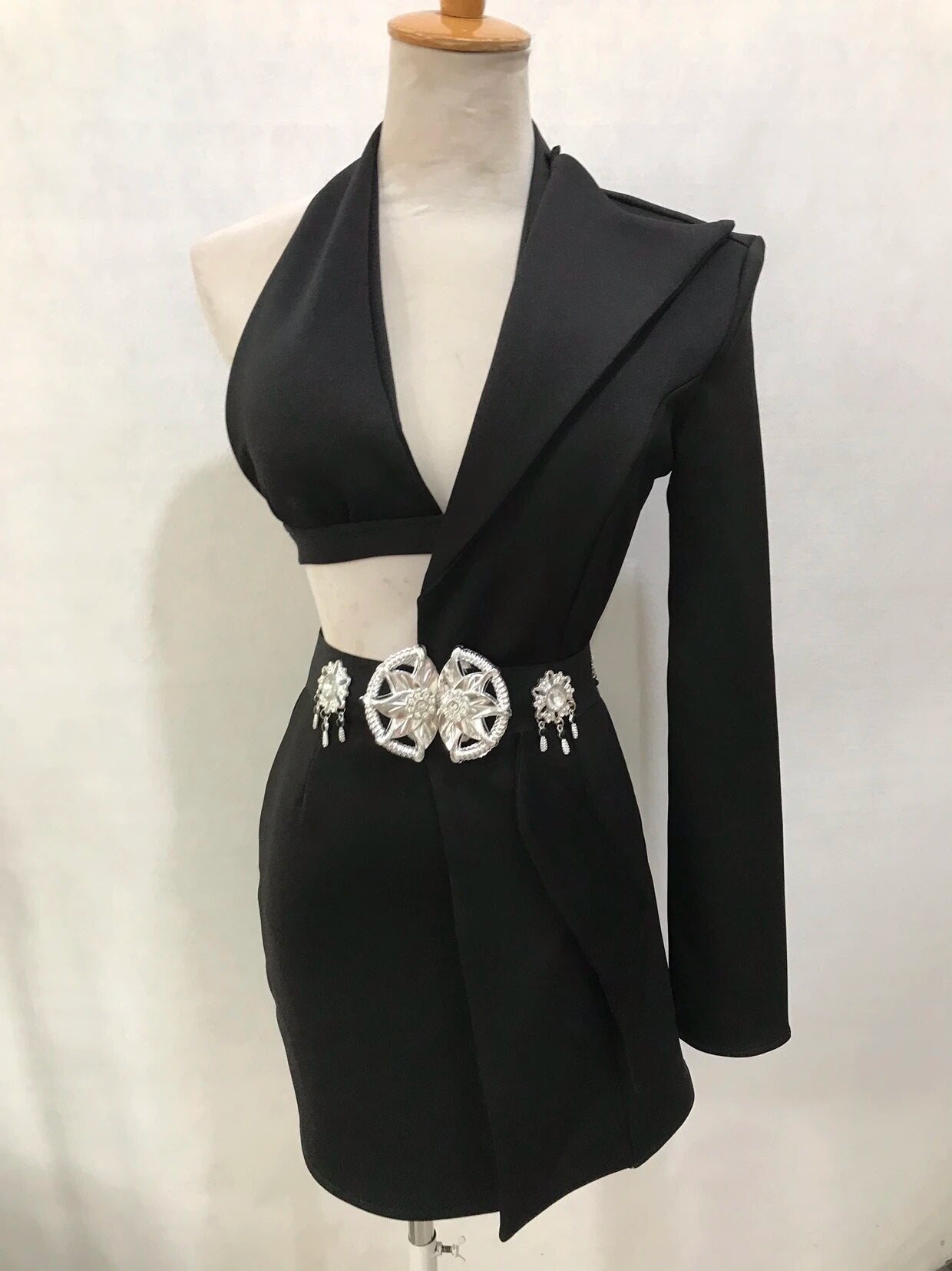 Red Black Sexy Party Asymmetric Short Skirt Set Bar Singer Korean Dance Team Costume Bra+Skirt+Coat+Belt 4 Piece Stage Outfits