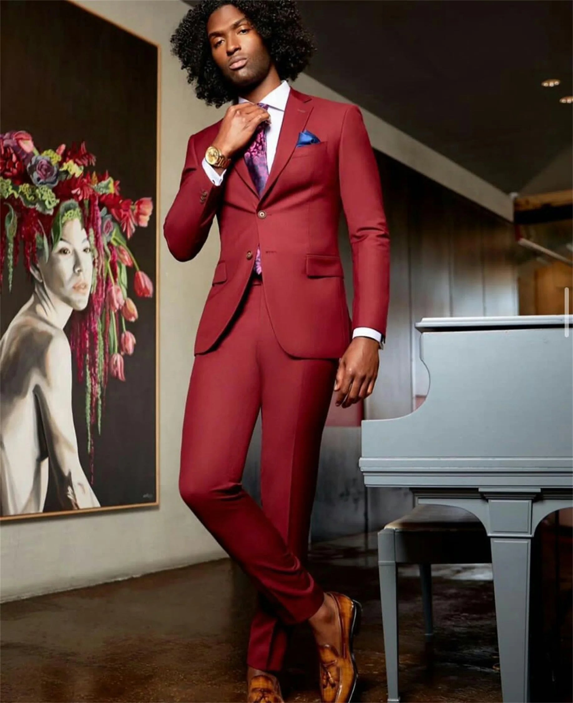 Red Cool Mens 2 Piece Suit Slim Fit Two Button Groom Men Pants Suits Tailored Fit Prom Party Wedding Tuxedos