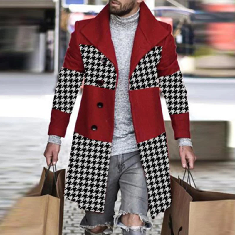 Retro Houndstooth Print Splicing Woolen Coat Men Casual Turn-down Collar Button Jacket Autumn Winter Pocket Long Windbreaker Man