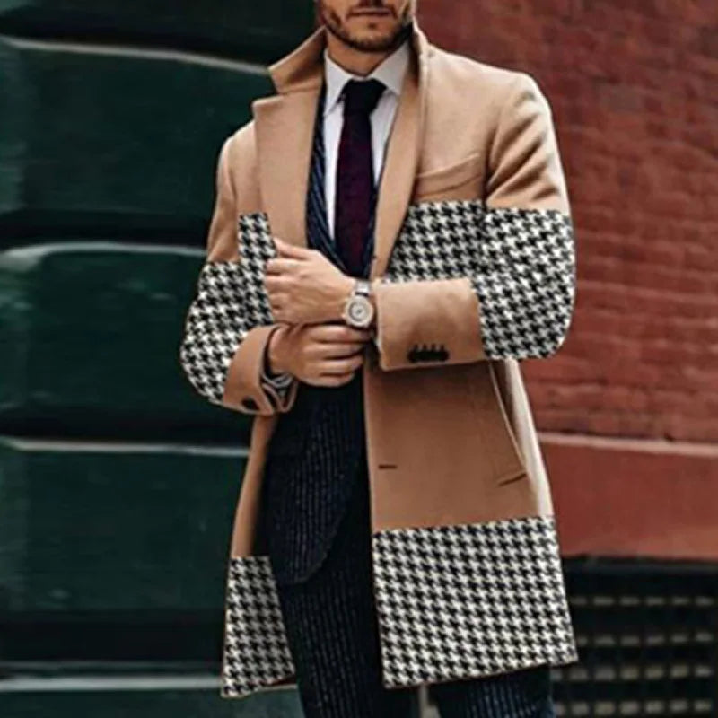 Retro Houndstooth Print Splicing Woolen Coat Men Casual Turn-down Collar Button Jacket Autumn Winter Pocket Long Windbreaker Man