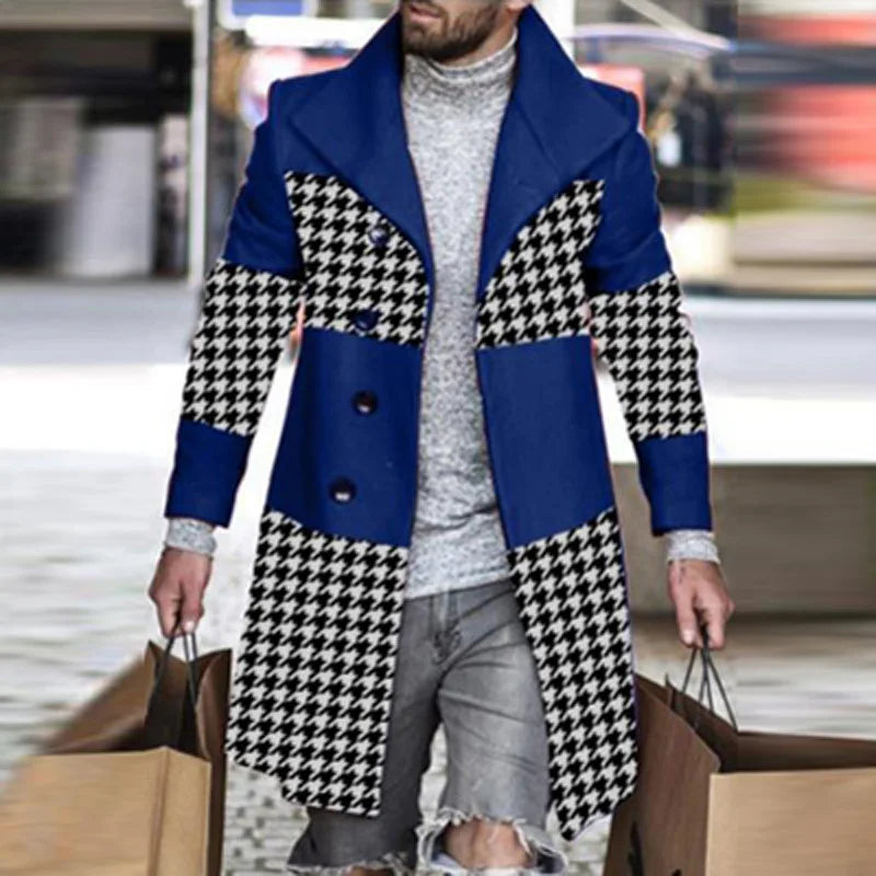 Retro Houndstooth Print Splicing Woolen Coat Men Casual Turn-down Collar Button Jacket Autumn Winter Pocket Long Windbreaker Man