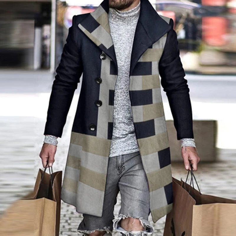 Retro Houndstooth Print Splicing Woolen Coat Men Casual Turn-down Collar Button Jacket Autumn Winter Pocket Long Windbreaker Man