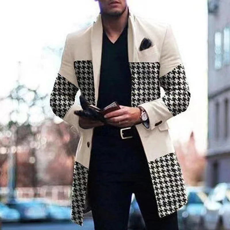 Retro Houndstooth Print Splicing Woolen Coat Men Casual Turn-down Collar Button Jacket Autumn Winter Pocket Long Windbreaker Man