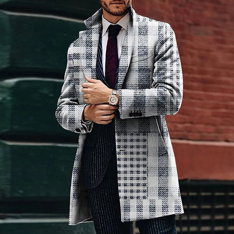 Retro Houndstooth Print Splicing Woolen Coat Men Casual Turn-down Collar Button Jacket Autumn Winter Pocket Long Windbreaker Man