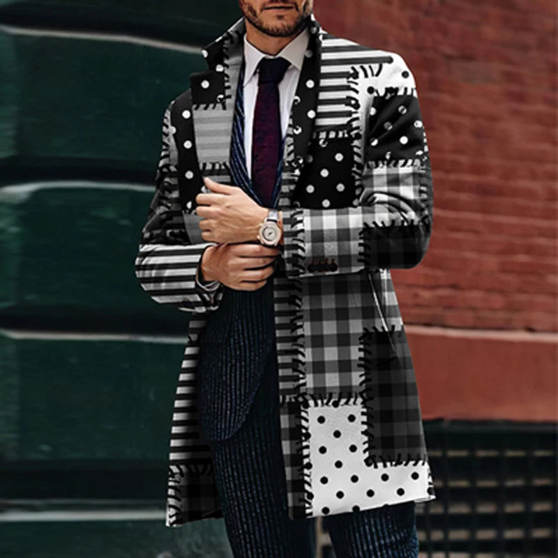 Retro Houndstooth Print Splicing Woolen Coat Men Casual Turn-down Collar Button Jacket Autumn Winter Pocket Long Windbreaker Man