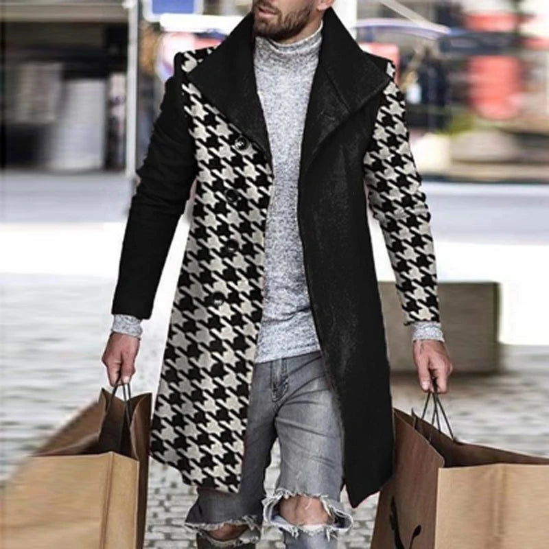 Retro Houndstooth Print Splicing Woolen Coat Men Casual Turn-down Collar Button Jacket Autumn Winter Pocket Long Windbreaker Man