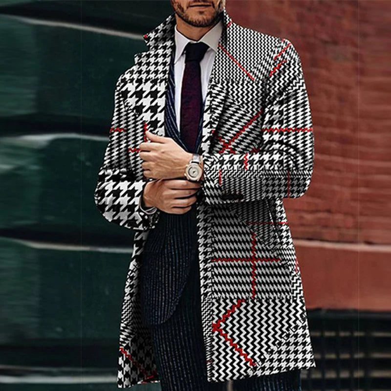 Retro Houndstooth Print Splicing Woolen Coat Men Casual Turn-down Collar Button Jacket Autumn Winter Pocket Long Windbreaker Man