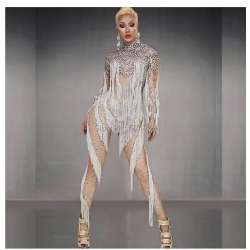 Rhinestone White Tassel Long Sleeves Jumpsuit Nude Bodysuits Women Singer Stage Show Halloween