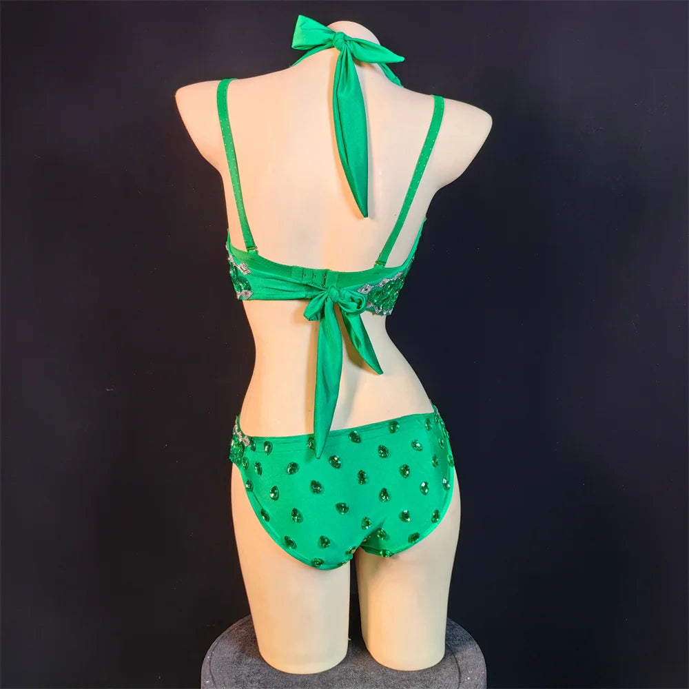 Rhinestones Jumpsuit Long Sleeves Stretch Sexy Bodysuit Women Birthday Stage Play Celebrate Dress Dancer Party Show Dress