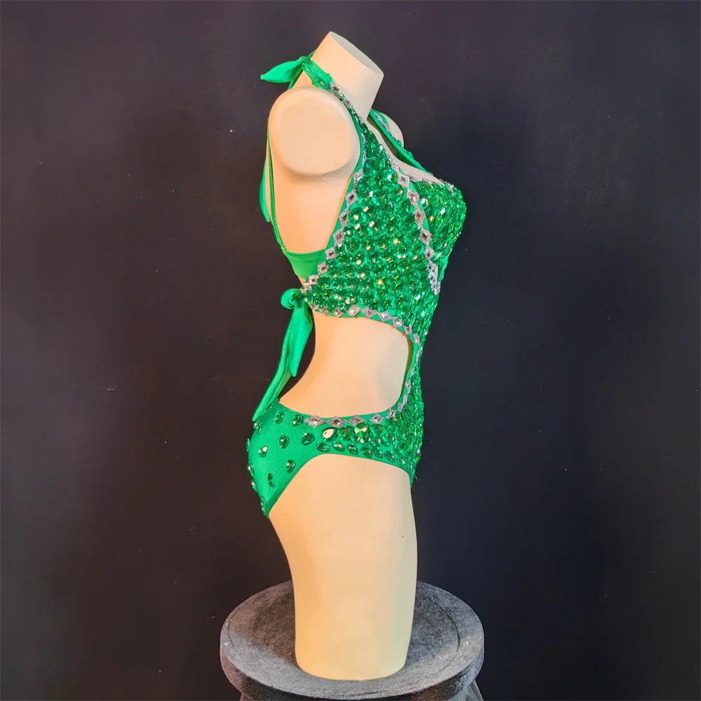 Rhinestones Jumpsuit Long Sleeves Stretch Sexy Bodysuit Women Birthday Stage Play Celebrate Dress Dancer Party Show Dress