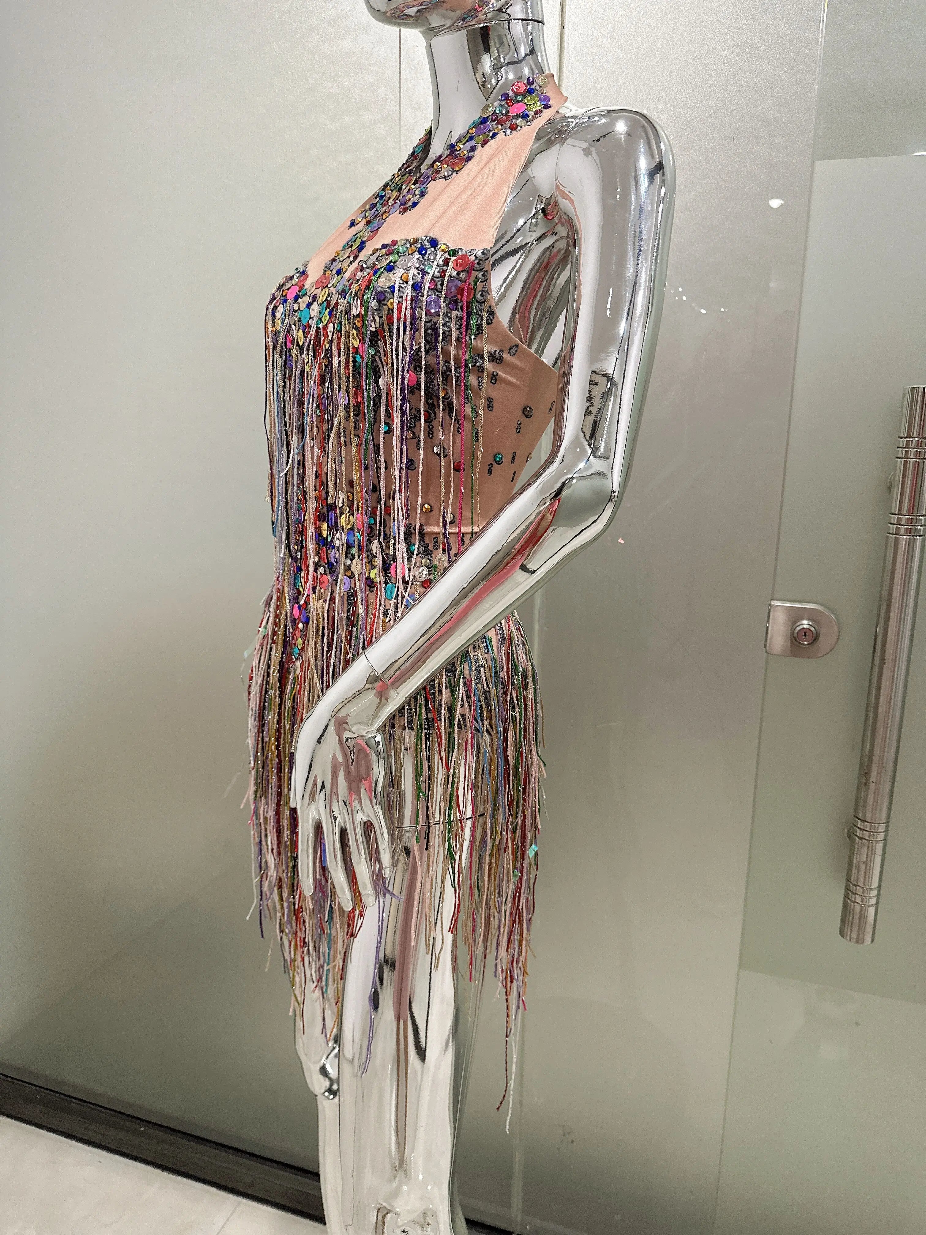 Rhinestones Tassel Nightclub Bodysuit Women Stretch Sexy Leotard Celebration Performance Dancer Costumes Pole Dance Outfits