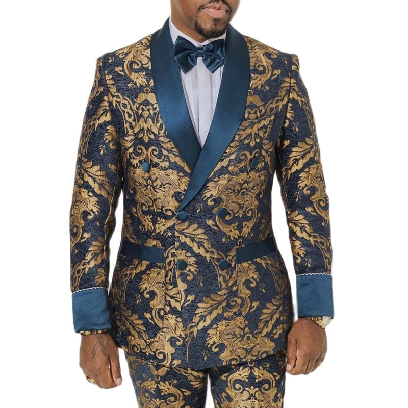 Royal Court Jacquard Men Suits Slim Fit 2 Piece Blazer Sets Satin Collar Double Breasted Classic Print Wedding Tuxedo Men's Sets
