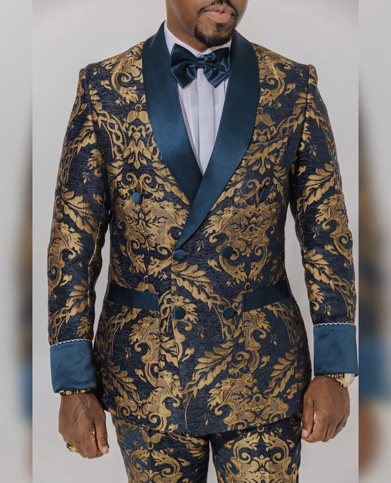 Royal Court Jacquard Men Suits Slim Fit 2 Piece Blazer Sets Satin Collar Double Breasted Classic Print Wedding Tuxedo Men's Sets