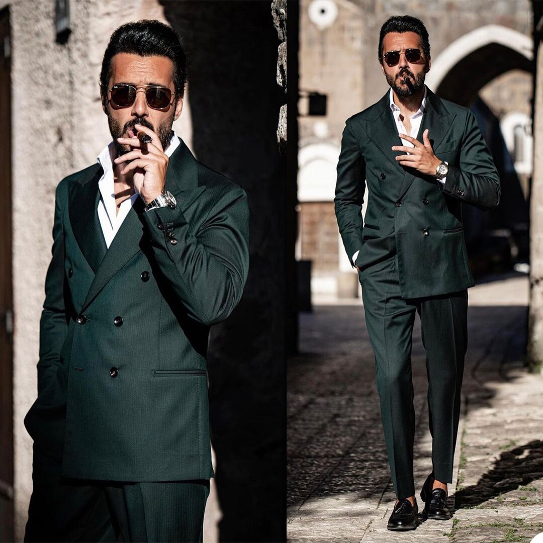 Royal Dark Green Men Suits 2 Piece Formal Custom Made Wedding Tuxedos for Best Man Double Breasted Business Coat+Pant