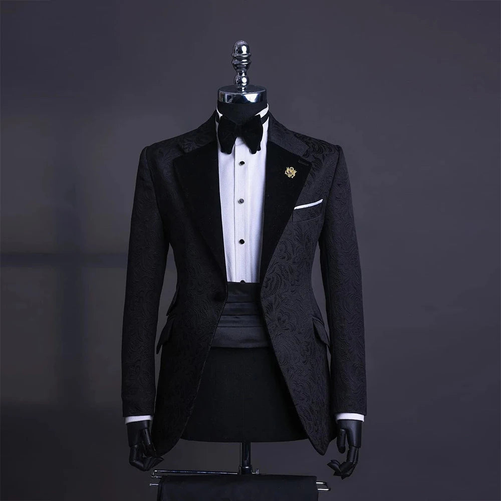 Royal Man Floral Suits Custom Made Black Velvet Lapel Jacquard Men's Jacket Waistband Pants 3 Pieces Groom Wear Wedding Tuxedos