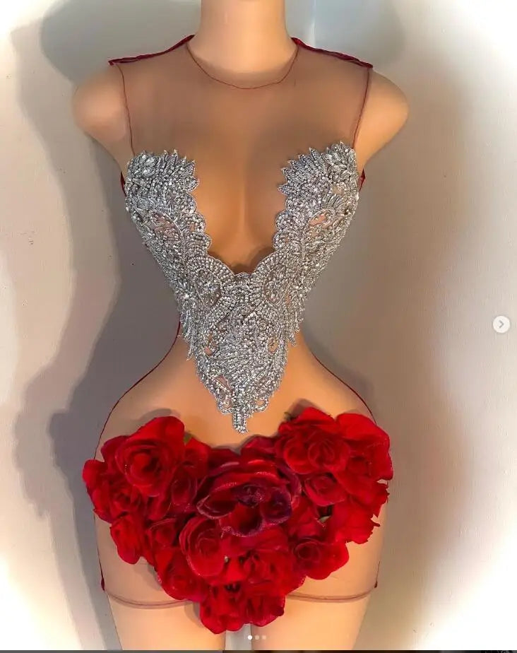 Ruby Red Rose Mini Evening Cocktail Dress for Women Silver Diamond Cryaral See Through Black Girl Birthday Party Gown Prom