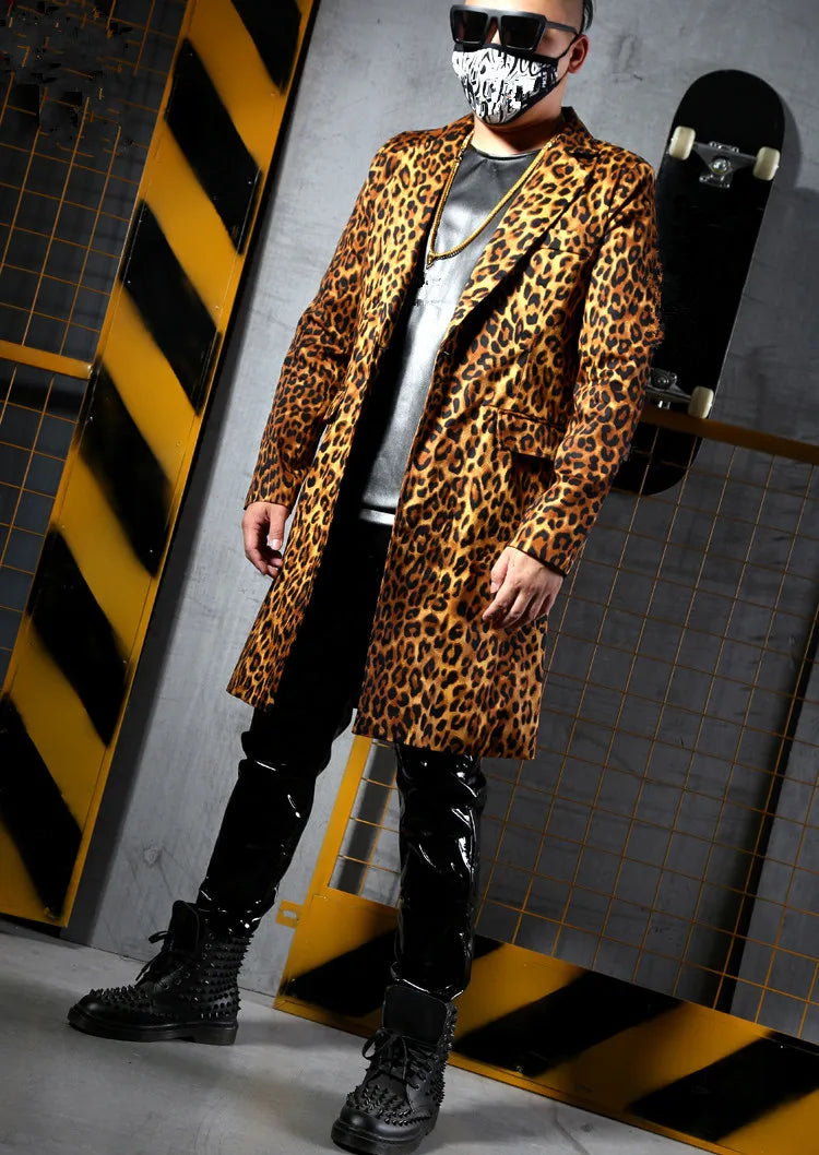 S-6XL Fashion Leopard Printing Long Blazers Jackets Men's Suits Bar Nightclub Singer DJ Stage outfit Rock Hip Hop Rock Costumes