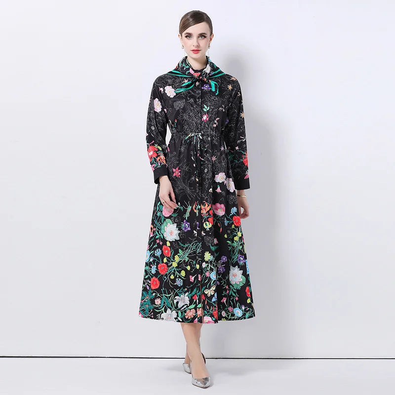 Runway Design Fashion Floral Print Elegant Summer Pleated Midi Long Dress Shirt Street Casual Lady Office Work Dresses