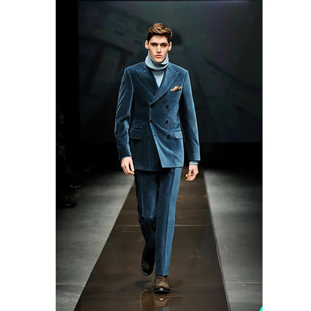 Men Suits Fashion Peak Lapel Male Blazer Chic Double Breasted Slim Fit Suit Wedding Party 2 Piece Jacket Pants