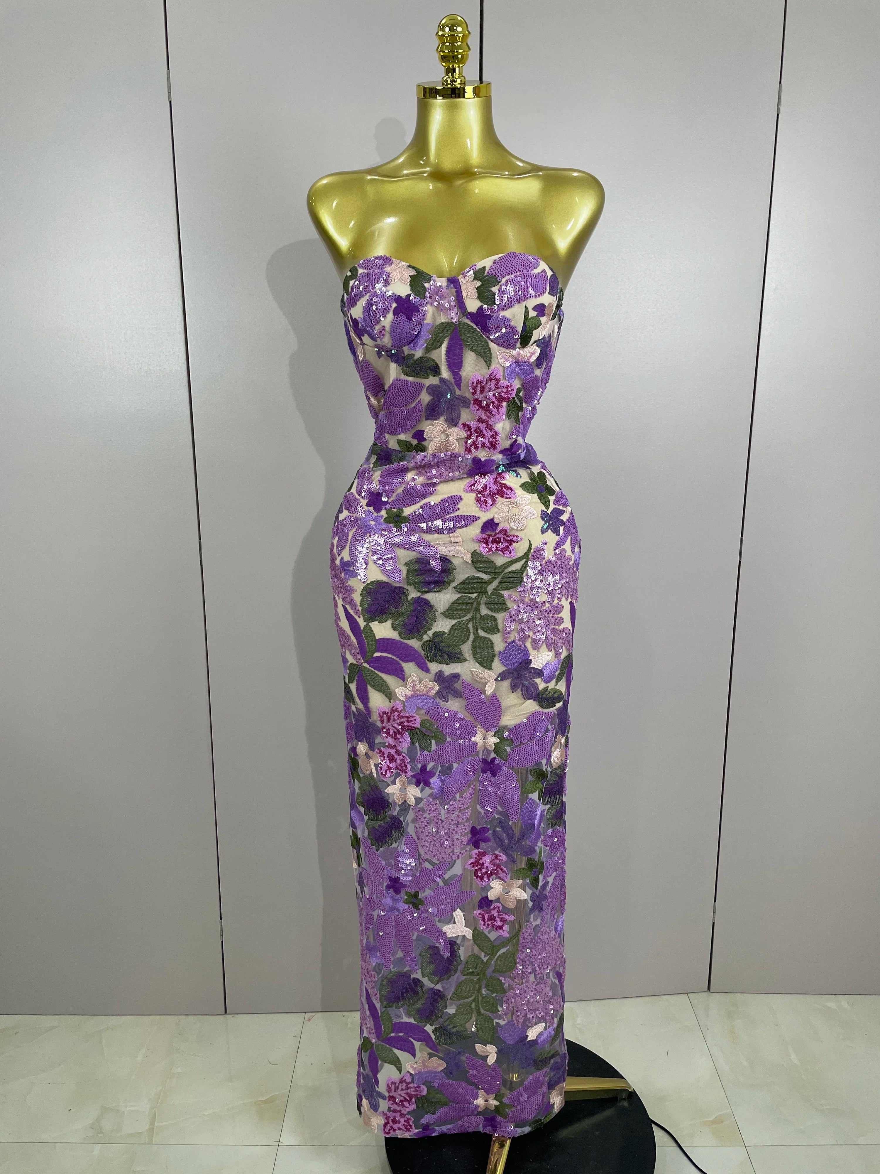 New Sexy Strapless Floral Sequin Long Dress Women Sequins Flower Backless Long Slim Dress Evening Party Runway Gown Dress