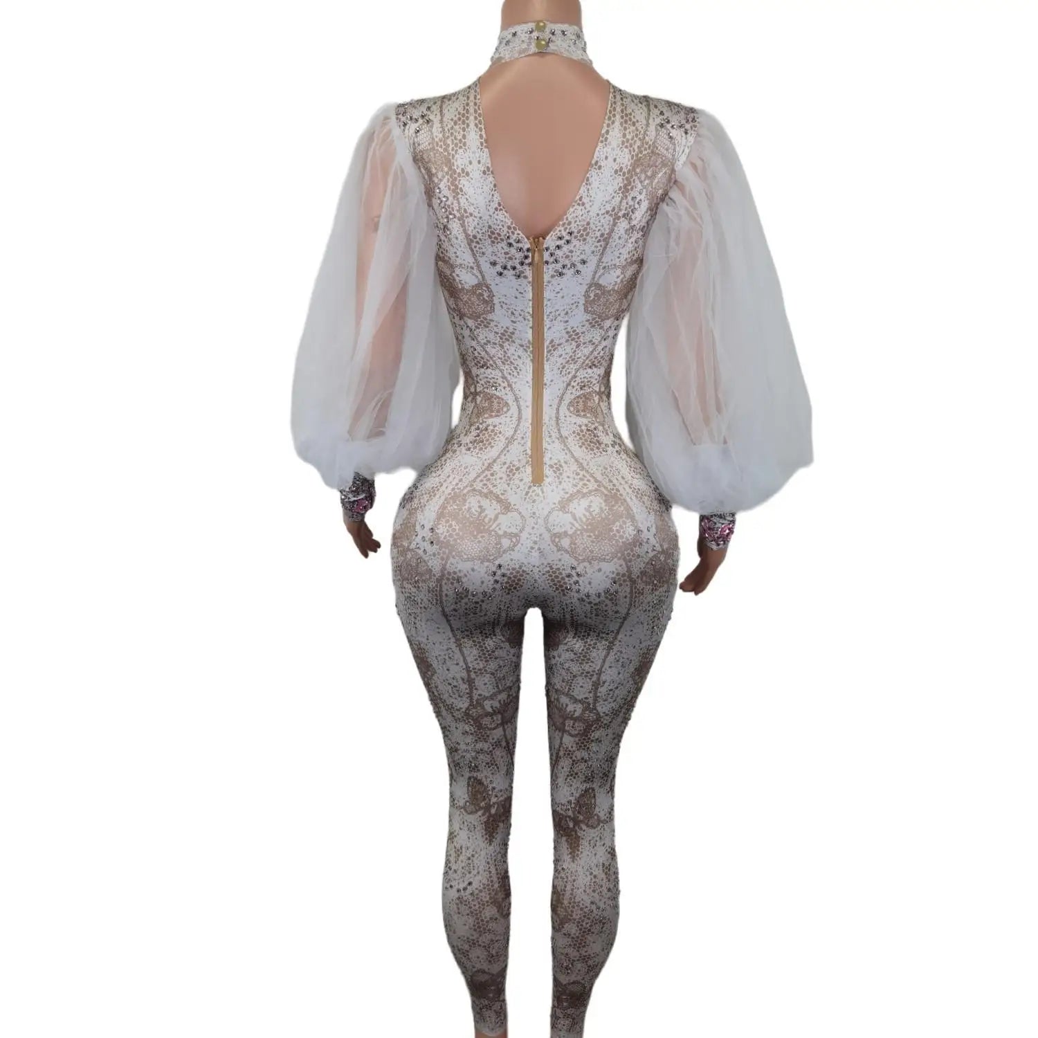 Fashion White Lace Puff Sleeve Rompers Dancer Sexy Bodysuit Tight Fitting Rhinestone Jumpsuit Woman Birthday Party Festival Wear