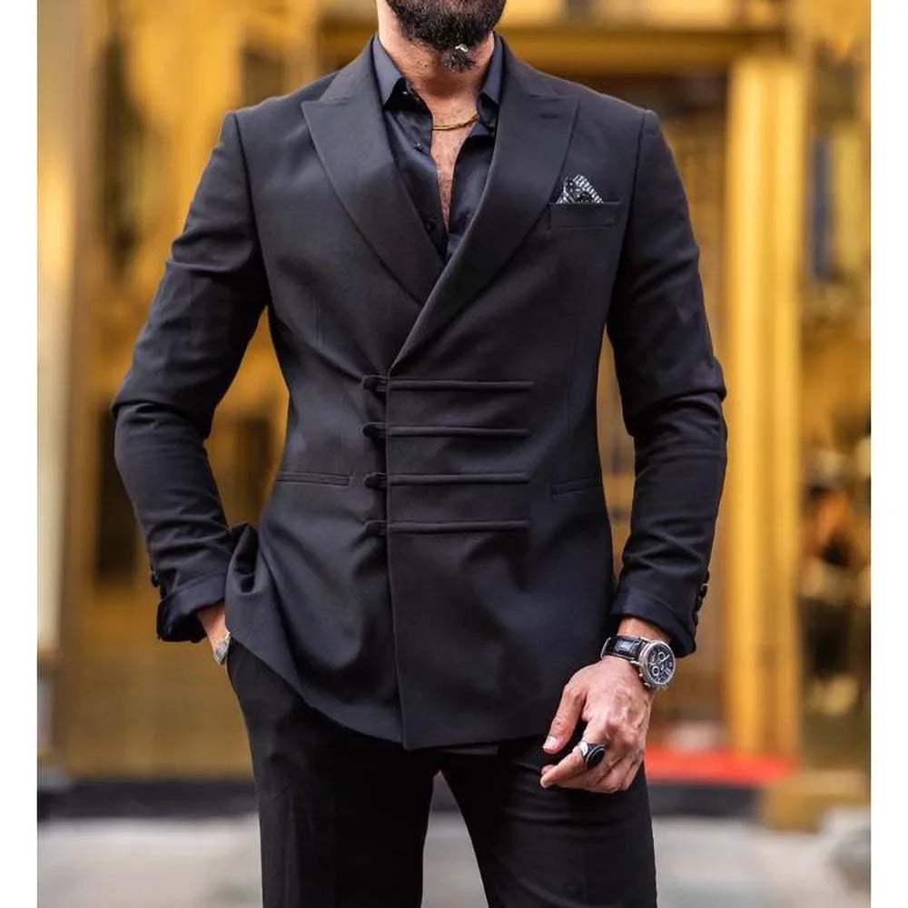 Latest Design Black Solid Men Suits Fashion Peak Lapel Business Casual Outfits Wedding Groom Tuxedo 2 Piece Blazer with Pants