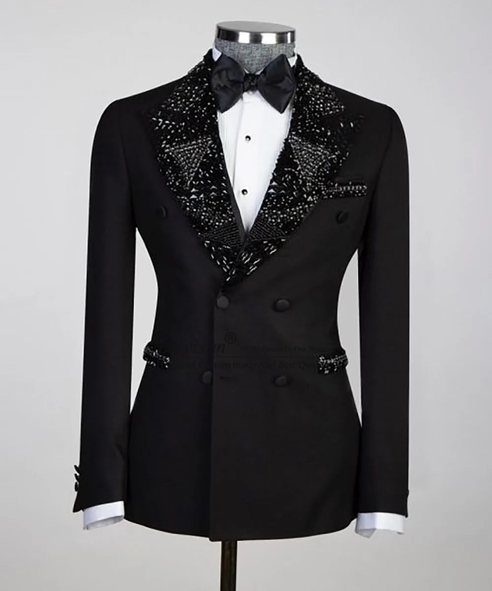 Luxurious Jewelry Ornament Tuxedos Men Suits 2 Pieces Wedding Groom Dinner Party Male Prom Blazers