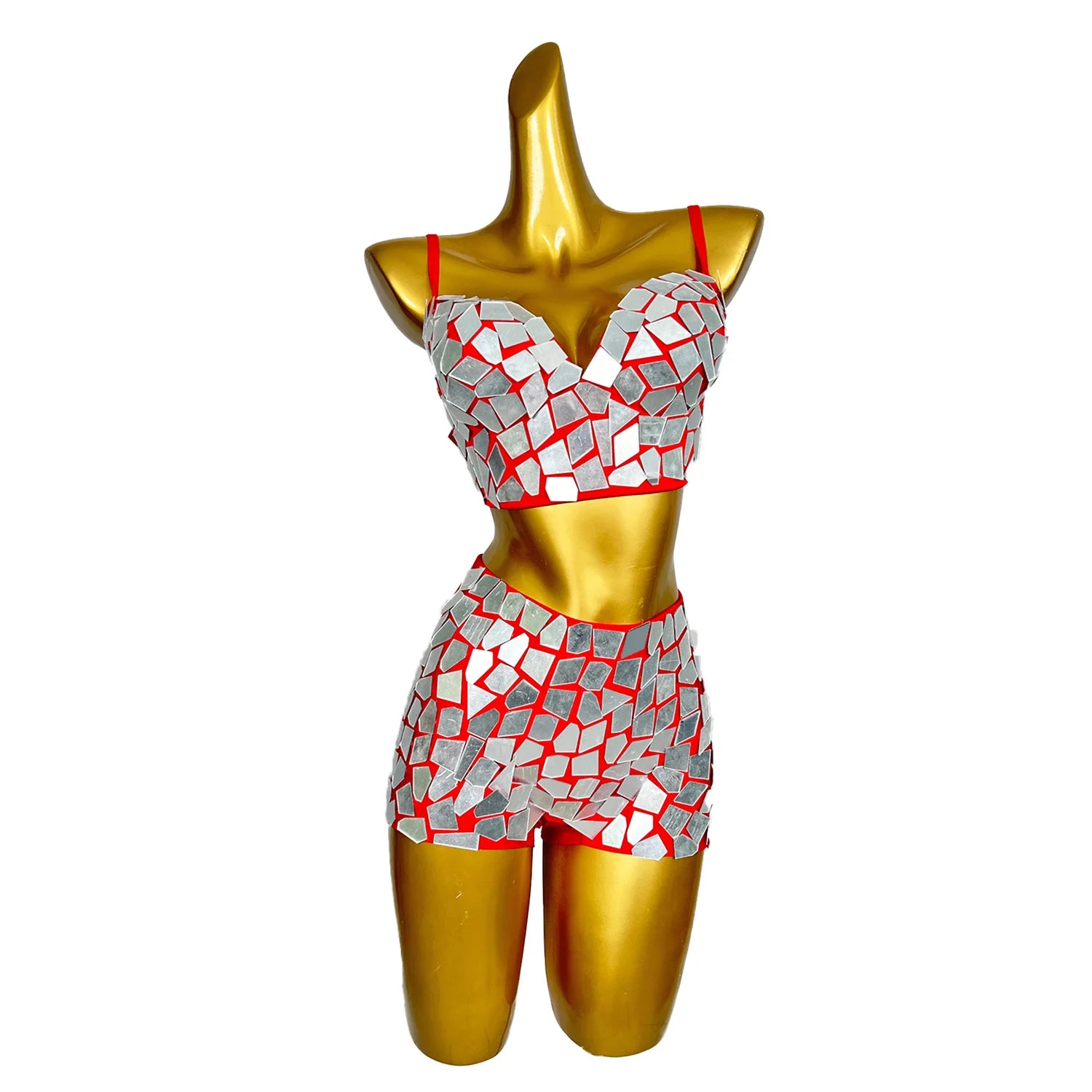 Sexy Mirror 2 Pcs Bikini Shorts Set for Women Summer Beach Celebrate Outfits Las Vegas Show Dance Drag Queen Costume