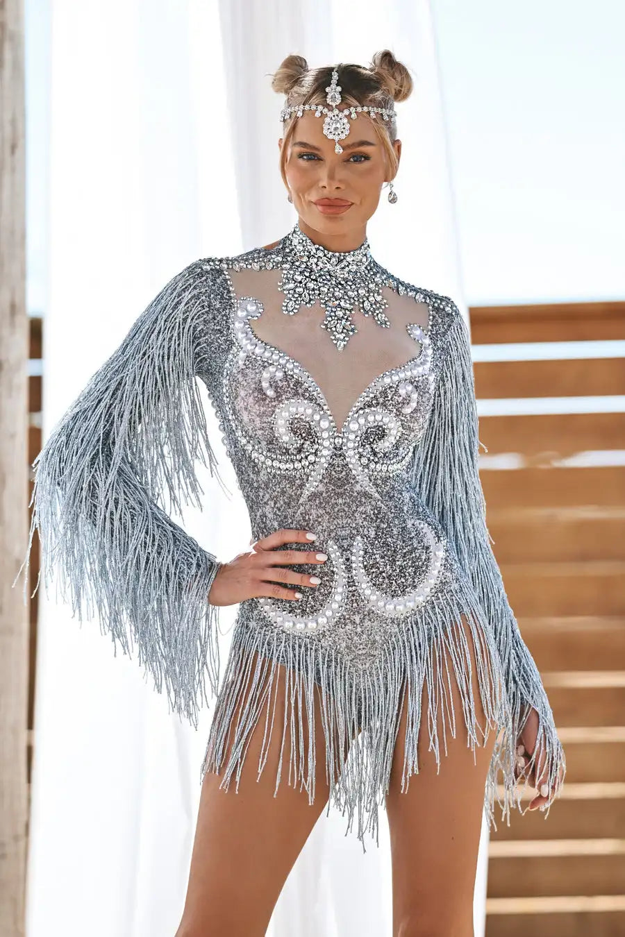 Sexy Long Sleeves Tassel Pearls One Piece Short Jumpsuit Stripper Outfits Dancewear Women Stage Performance Rhinestone Bodysuits
