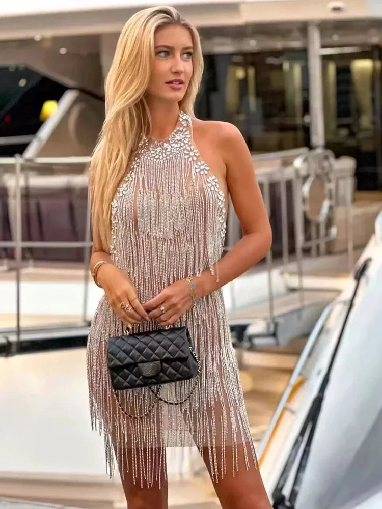 Luxurious Silver Rhinestones Chains Sexy Backless Short Dress for Women Birthday Evening Prom Celebrate Dress Singer Stage Wear