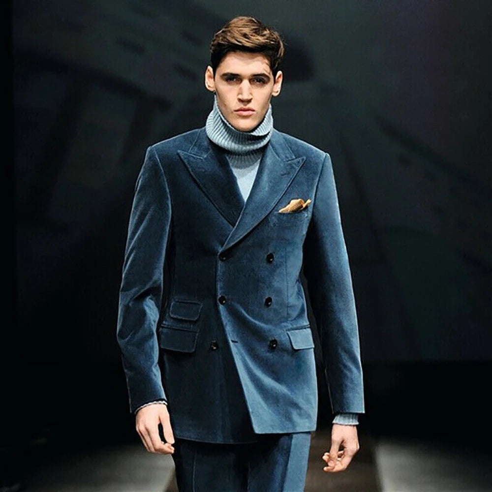 Men Suits Fashion Peak Lapel Male Blazer Chic Double Breasted Slim Fit Suit Wedding Party 2 Piece Jacket Pants