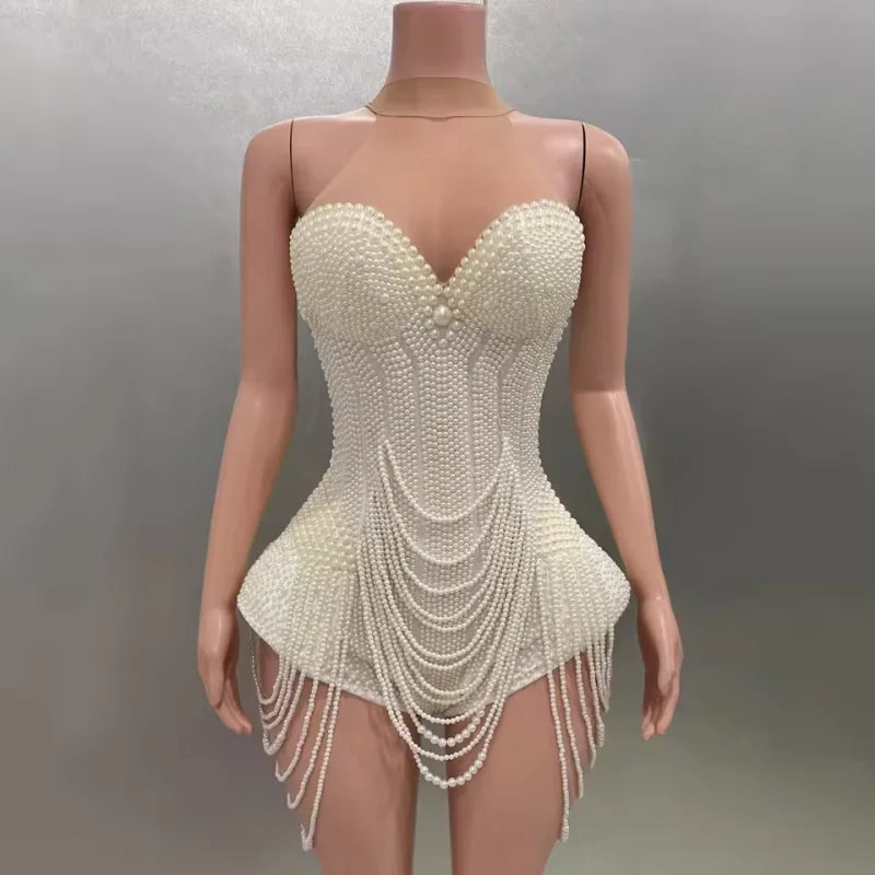 Luxury Pearl Necklace Sexy Strapless Bodysuit Performance Costume Bar Night Club Singer Dancer Stage Performance Costume