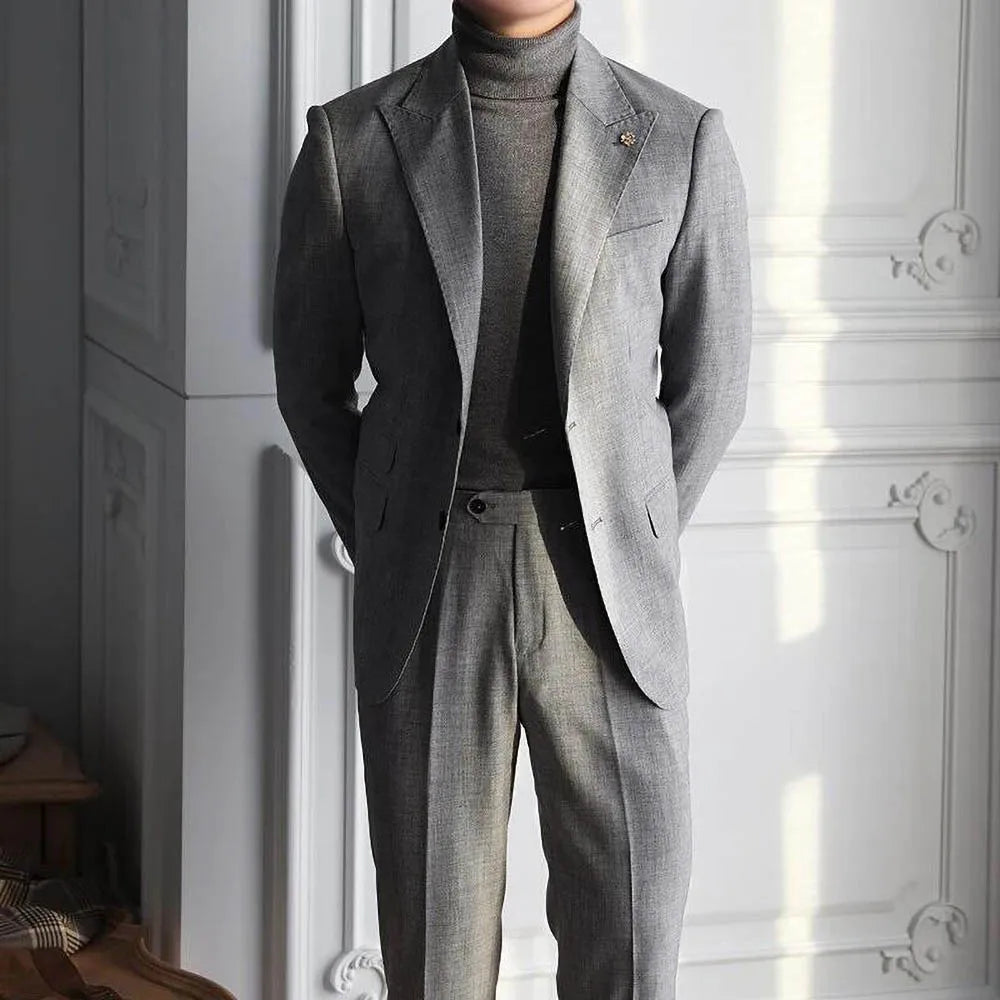 Men Suits Gray High-end Peak Lapel Single Breasted Blazer Smart Casual Wedding Tuxedo Custom Male Suit Slim Fit 2 Piece