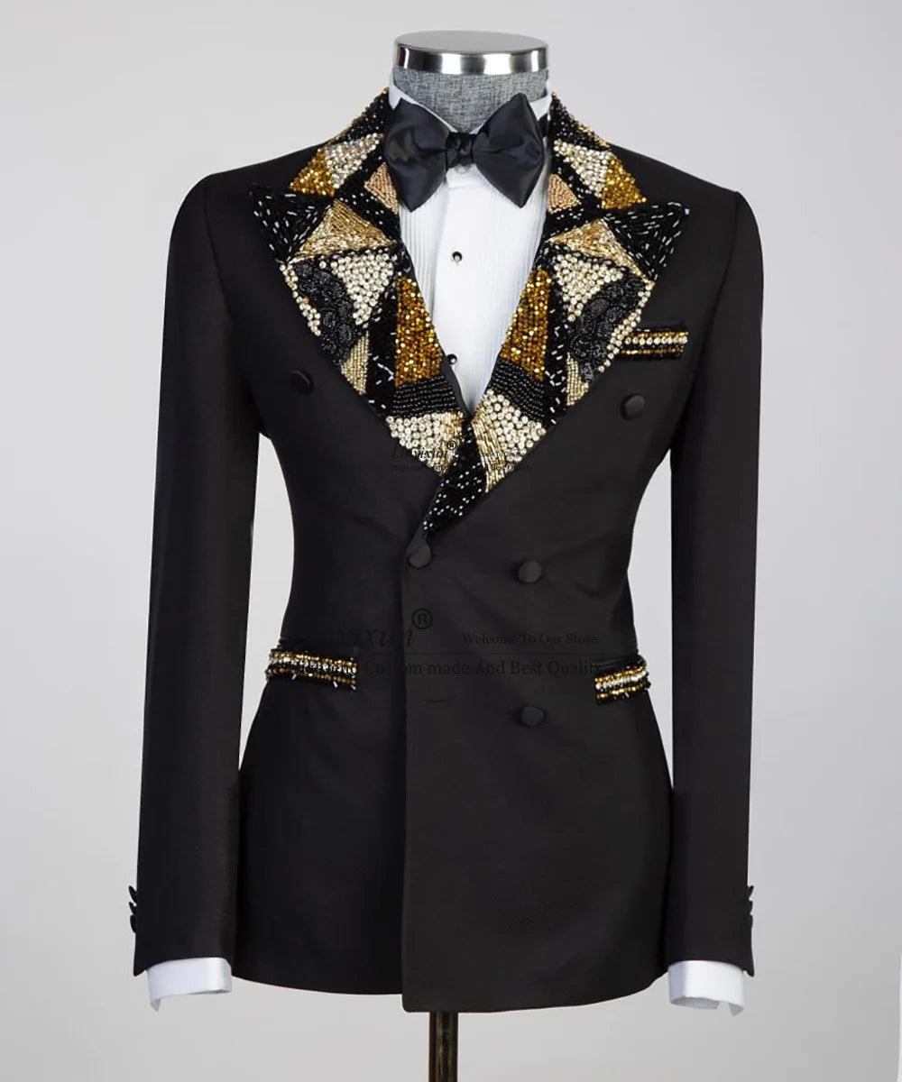 Luxurious Jewelry Ornament Tuxedos Men Suits 2 Pieces Wedding Groom Dinner Party Male Prom Blazers