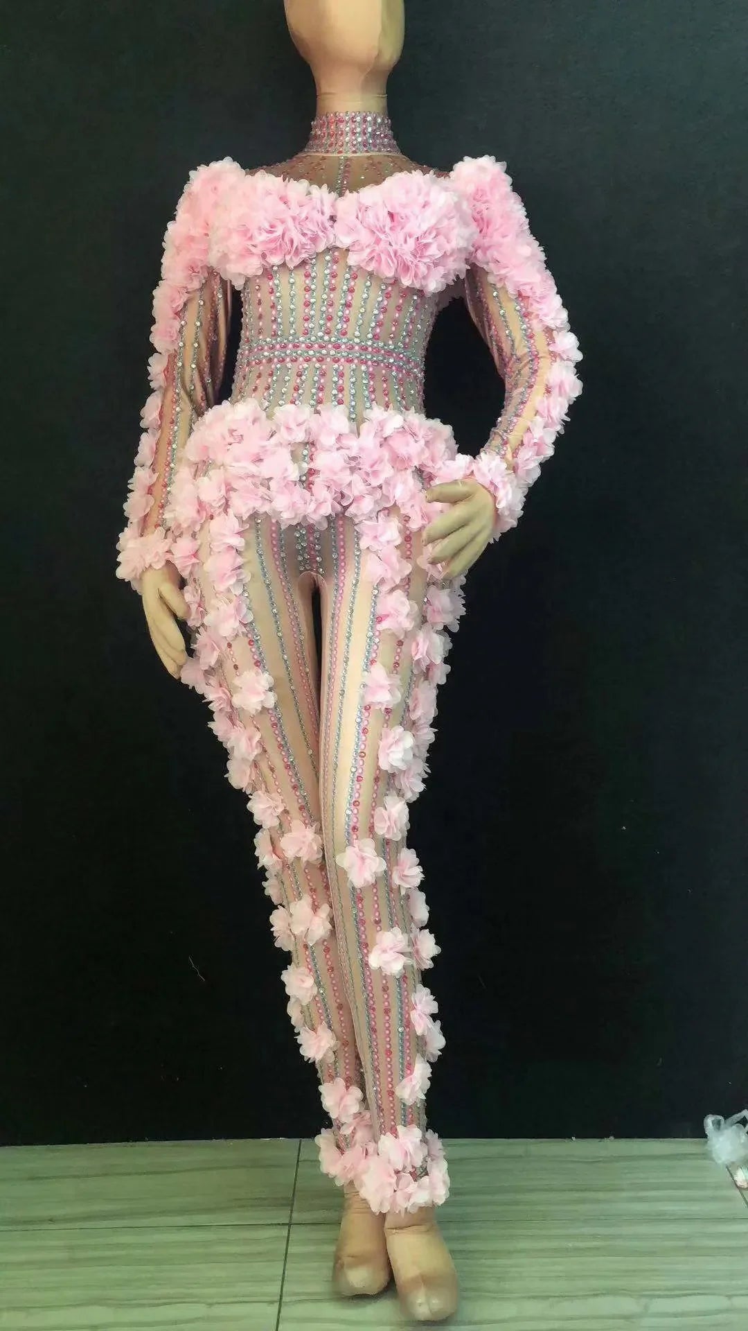 Sexy Dj Pink Flower Bodysuit Costume Evening Crystals Jumpsuit Celebrate Party Wear Singer Stage Performance Gogo Costumes