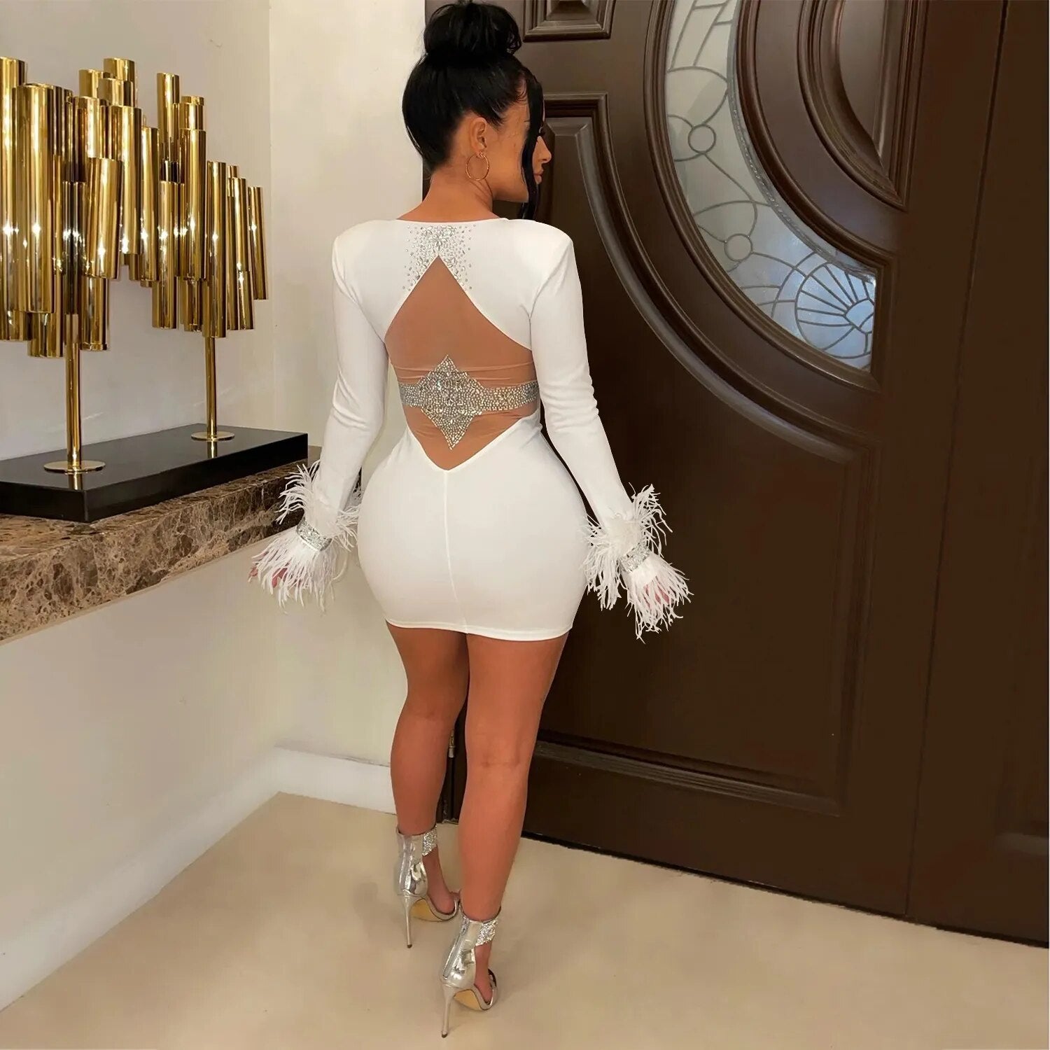 Feather Rhinestone Mesh Bodycon Mini Dress Women Night Club See Through Outfits Party Evening Sexy Diamond Prom Short Dresses