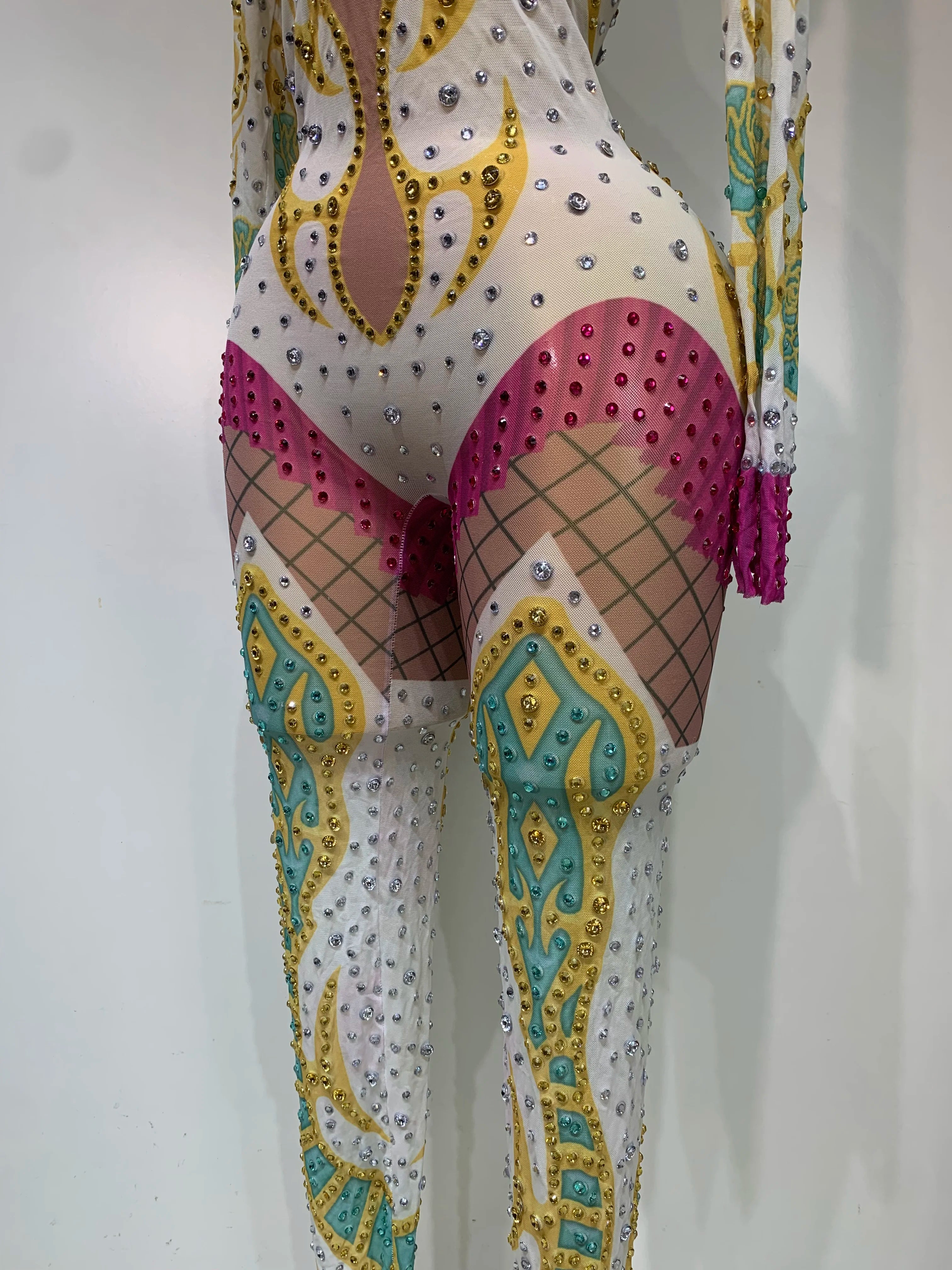 Sparkly Rhinestones Jumpsuit Fashion High Street Sexy Printed Stretch Dance Costume Singer Nightclub Stage Perform Outfit