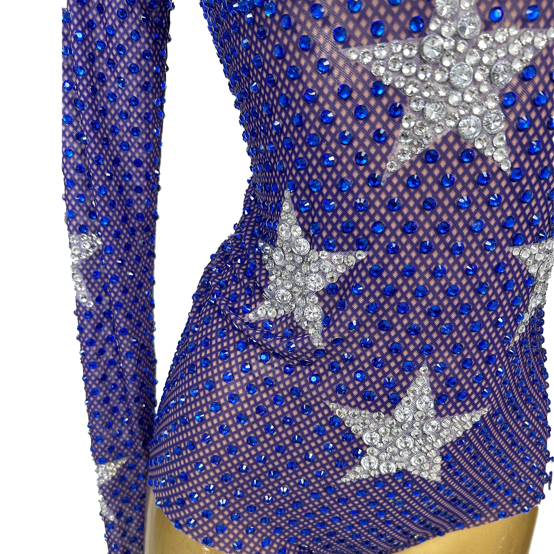 Blue Mesh Star Tight Fitting High Cut Thong Leotard Sexy Women Dance Show See Through Mesh Sparkly Rhinestone Bodysuit
