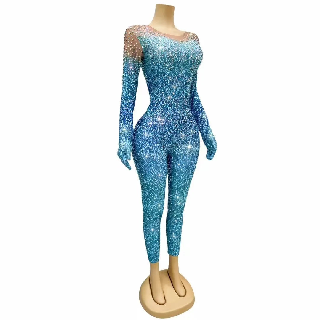 Sexy Stage Costume Full Rhinestones Long Sleeves Gloves Jumpsuit Evening Fashion Show Outfit Women Dance Photoshoot Bodysuit