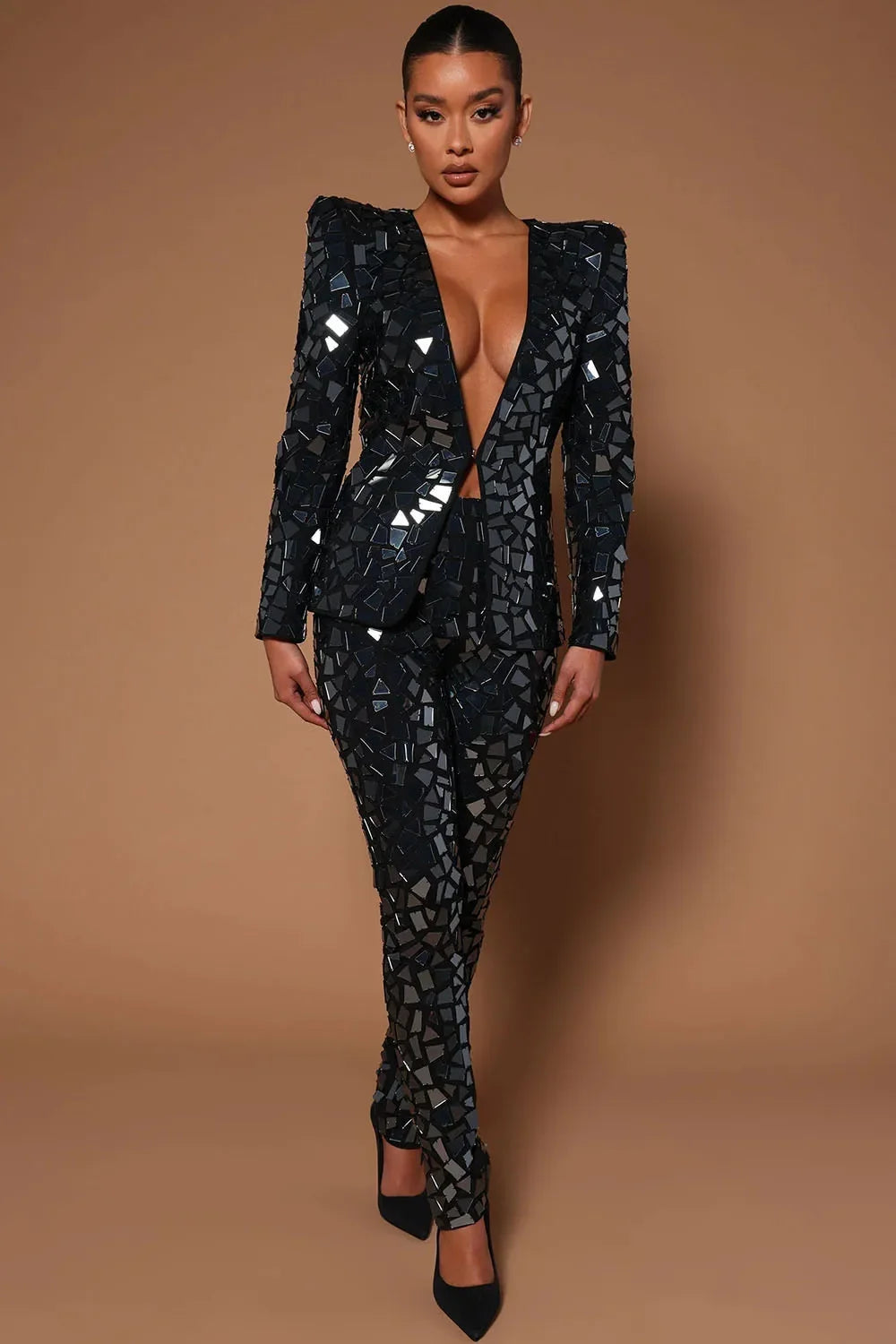 Women Sequin Sparkly TwoPiece Set Costume Outfits Sexy V-Neck Mirror Slim Long Sleeve Matching Set for Women