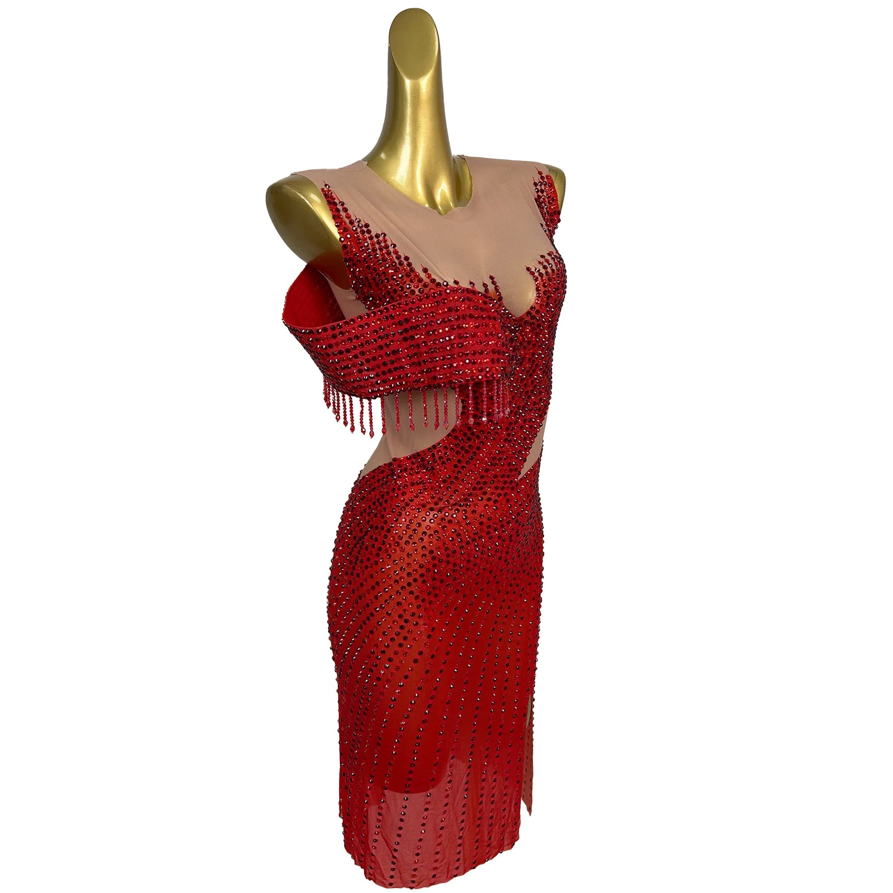 Nightclub Party Luxury See Through Mesh Red Mini Dresses Cocktail Prom Sparkly Rhinestone Sexy Evening Dress Show Outfit